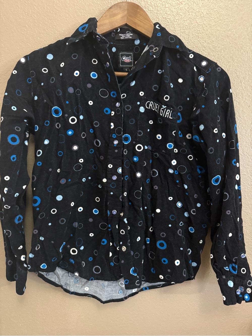 Cruel Girl Black Button-Up Shirt with Blue & White Dot Print